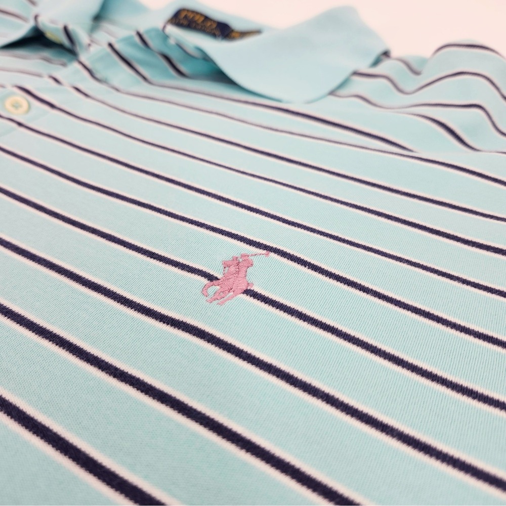 Polo Ralph Lauren Mens 2XLT Tall Blue Striped Short Sleeve Pique Polo Shirt Pink